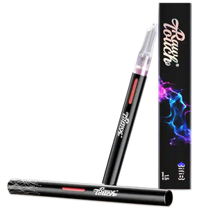 Black vape pen arousellube with clear top and red accent, next to its packaging on a white background 