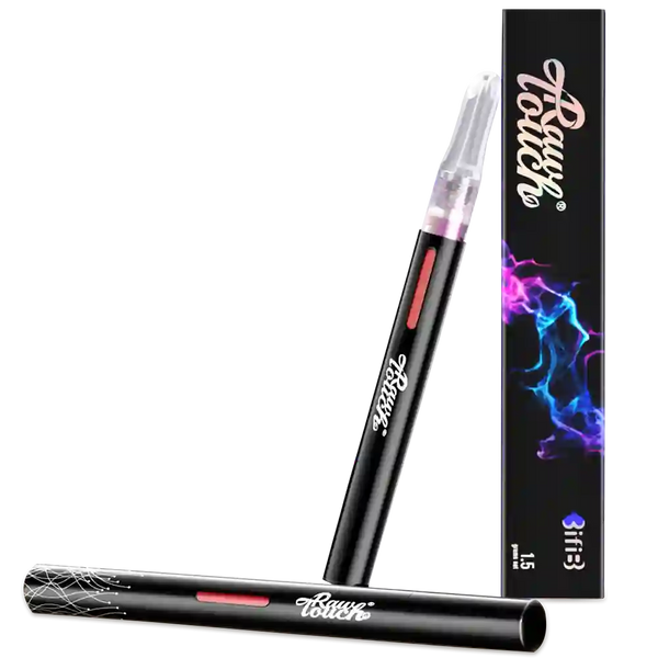 Black vape pen arousellube with clear top and red accent, next to its packaging on a white background 