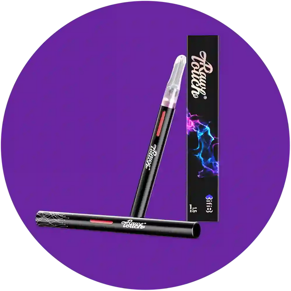 arousellube Two black vape pens with a branded box on a purple background
