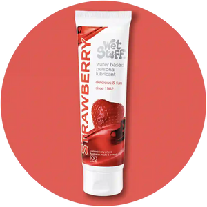 Tube of strawberry-flavored personal 
fornication lubricant on a red background