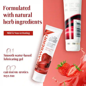 Strawberry-flavored coupling lubricant packaging with text about natural ingredients and uses.