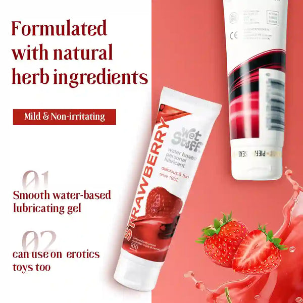 Strawberry-flavored coupling lubricant packaging with text about natural ingredients and uses.