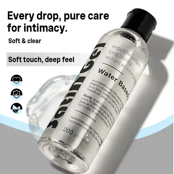 arousellube  Bottle of water-based lubricant with text highlighting its features on a gray background