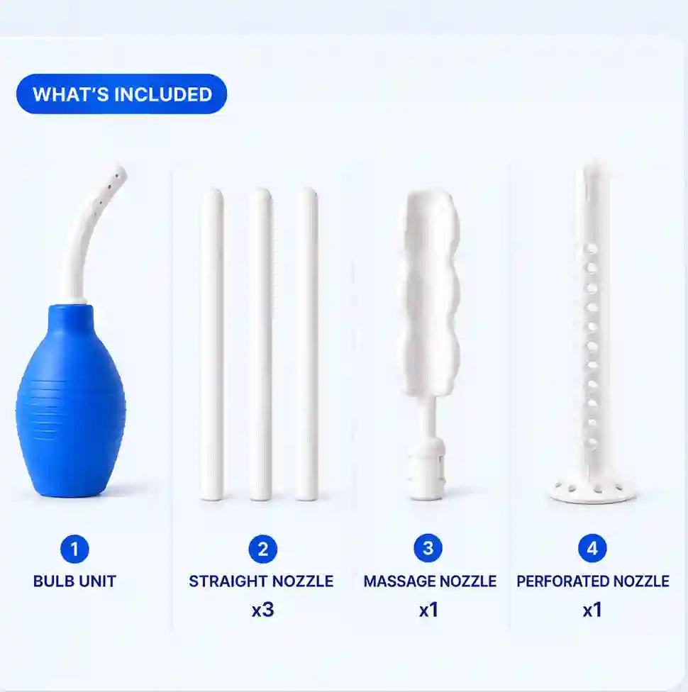 Collection of private parts cleaning nozzles with a blue bulb unit