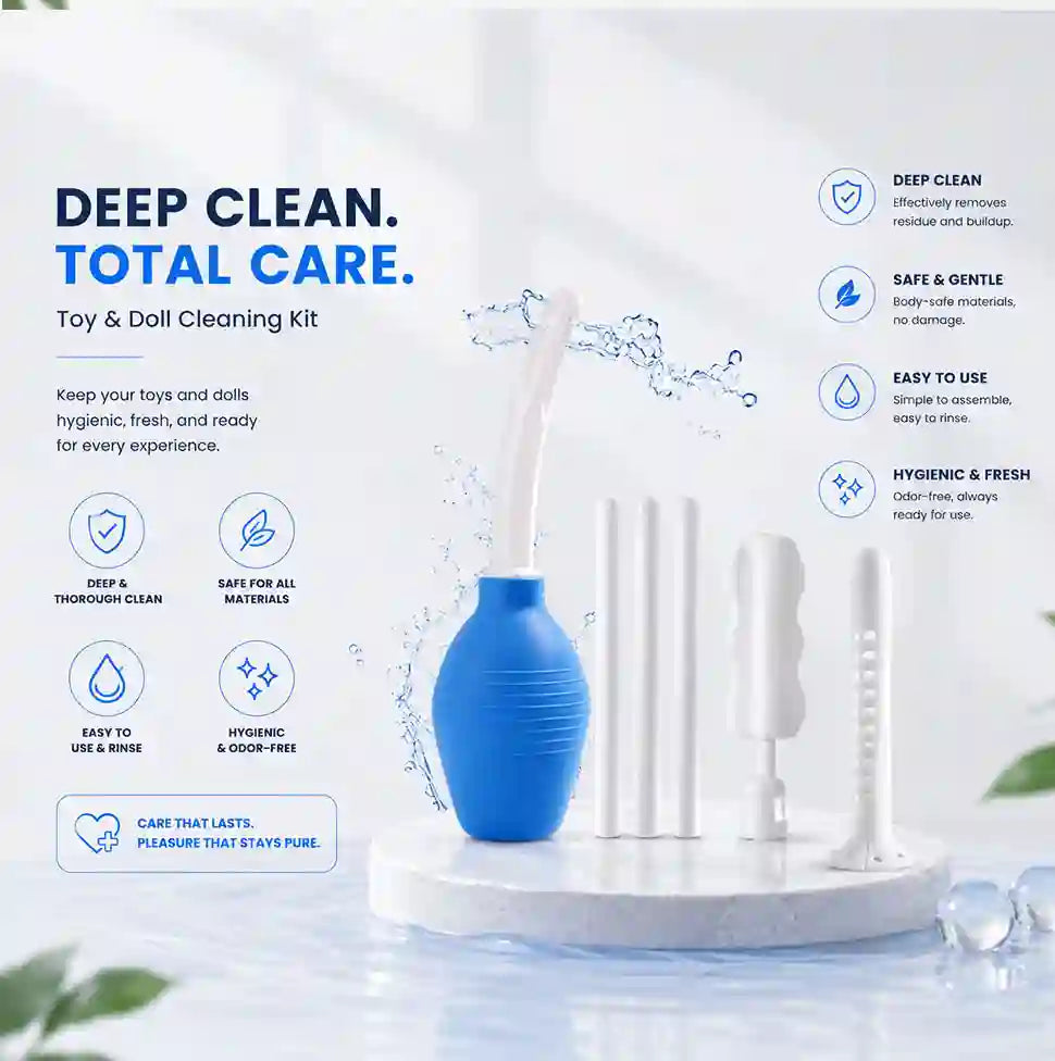 Toy and doll cleaning kit with blue cleaning tool on a white background