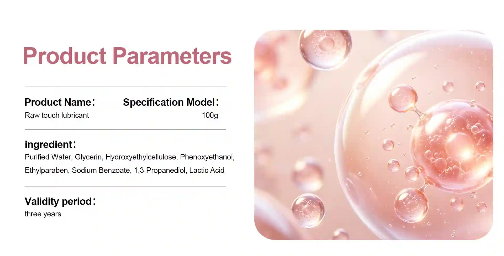 Product parameters with a close-up of bubbles on a pink background edible lube by arousellube 