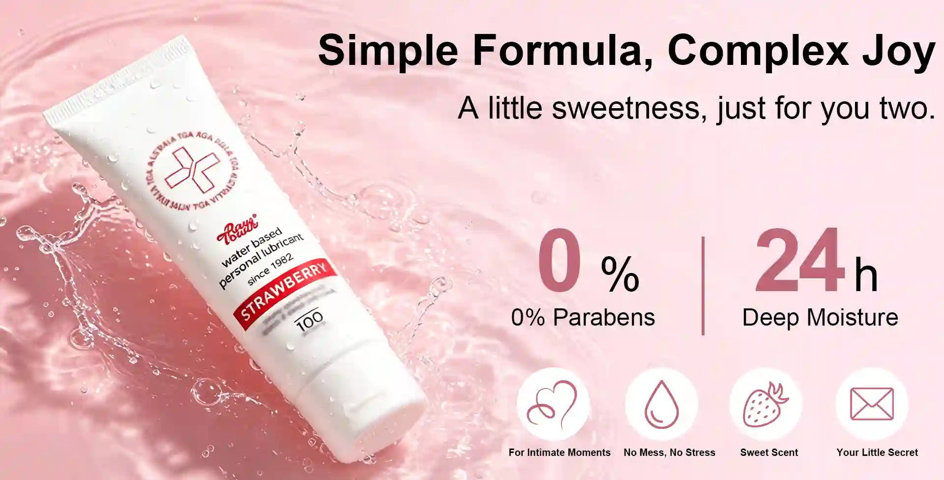 Tube of strawberry-flavored personal lubricant with product features on a pink background by arousellube 