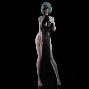 A stylized female anime figurine with short gray-blue hair, wearing a black lace dress and black accessories, posed against a solid black background.