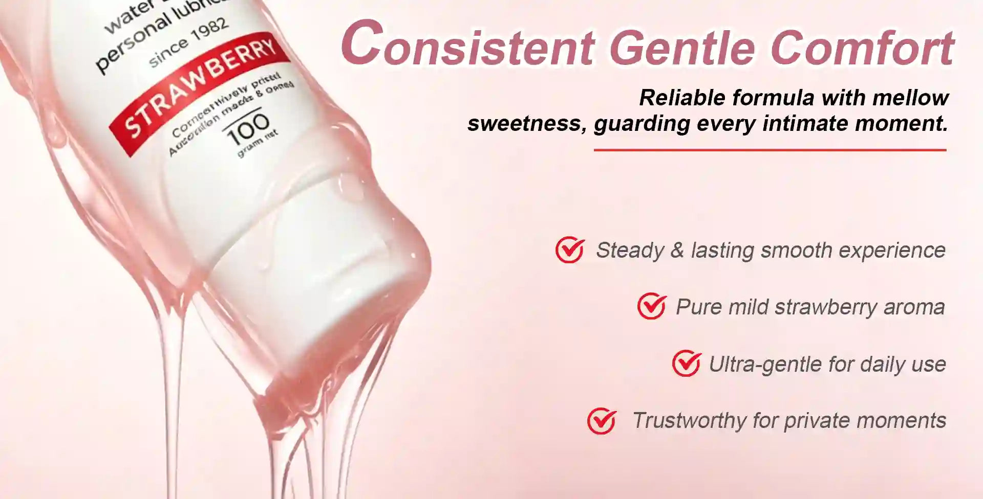 Lubricant bottle with strawberry flavor on a pink background, featuring text about its properties of arousellube 