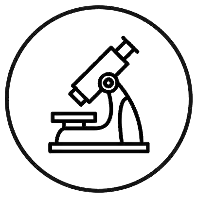 Black icon of a microscope in a circular outline on a white background arousellube inspection