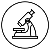 Black icon of a microscope in a circular outline on a white background arousellube inspection