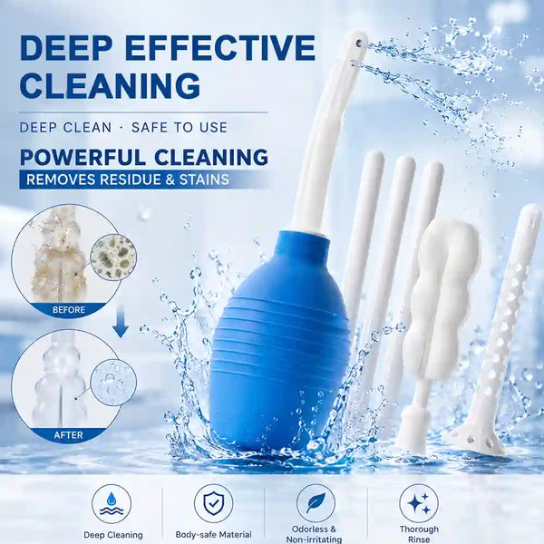 Blue cleaning tool with white nozzles on a blue background with water splashes and text about deep effective cleaning Toy Life Misting Toy Cleaner with Lube Life lubricant for complete toy care