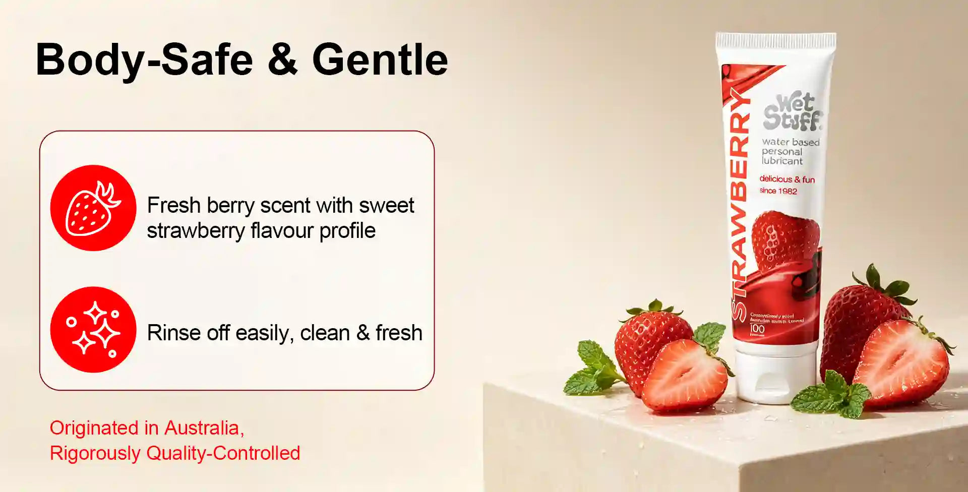 Strawberry-flavored product with text highlighting safety, gentleness, and quality control aousel lube 