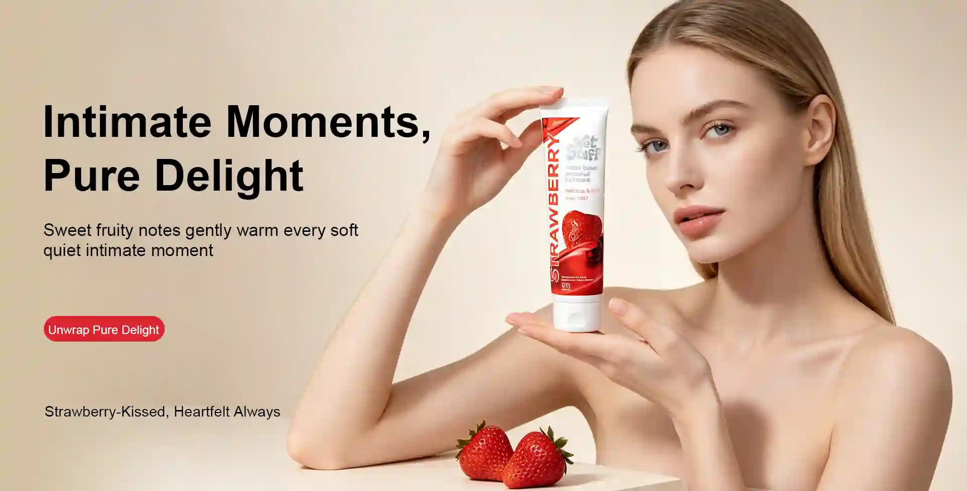 Woman holding a strawberry-flavored intimacy gel product with text about intimate moments and pure delight.