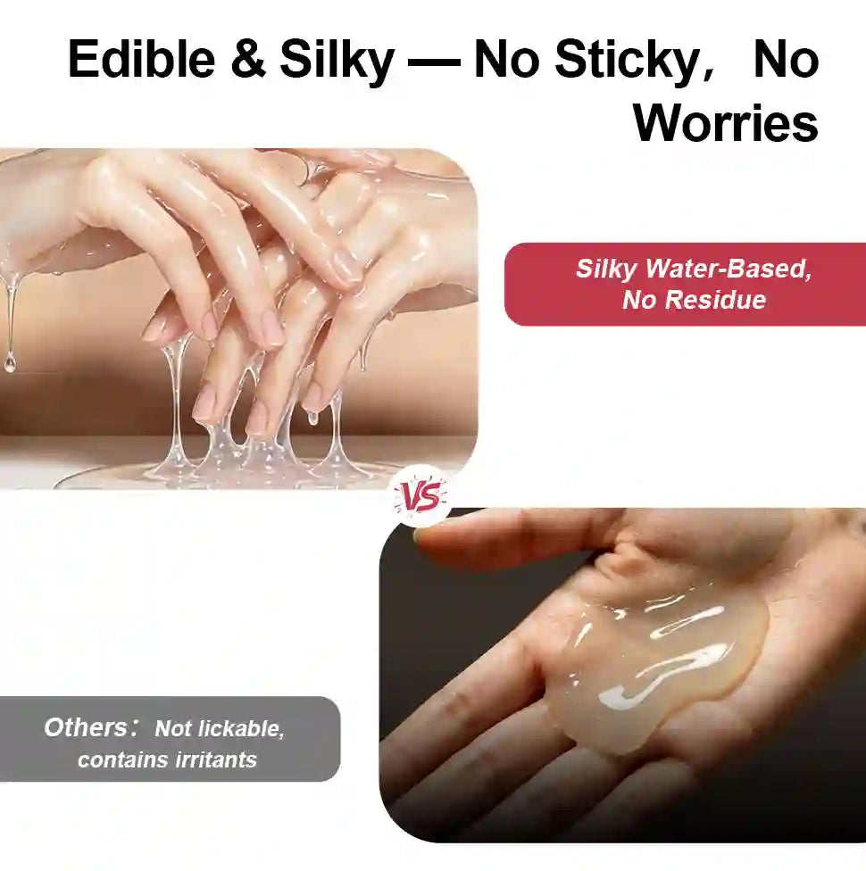 Promotional graphic for a water-based edible silicone gel, showing hands stretching the clear, glossy gel and holding a small amount in the palm. Text highlights 'Edible & Silky — No Sticky, No Worries' and 'Silky Water-Based, No Residue'.