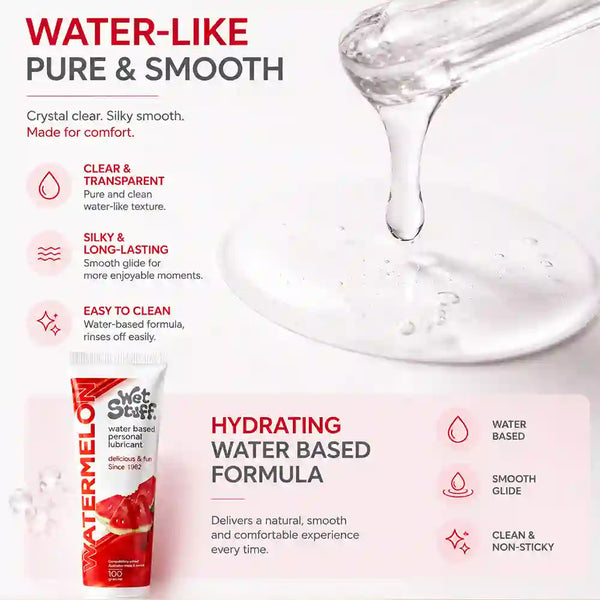 Product packaging with text highlighting water-like properties and hydrating formula on a white background.