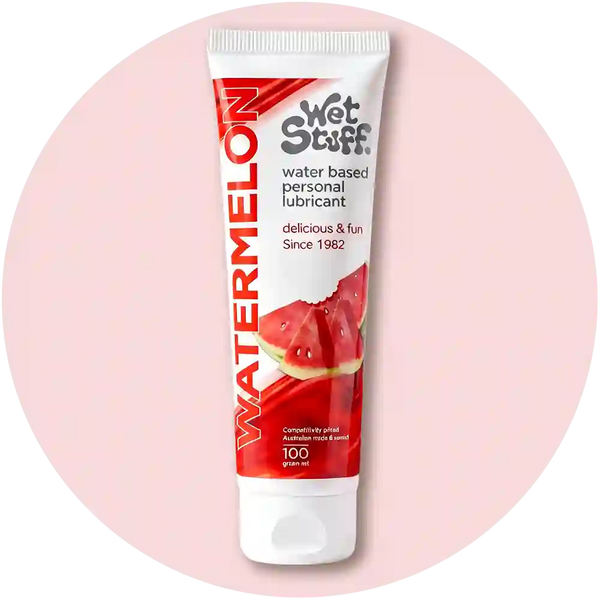 Tube of Wet Stuff watermelon flavored personal lubricant on a pink background