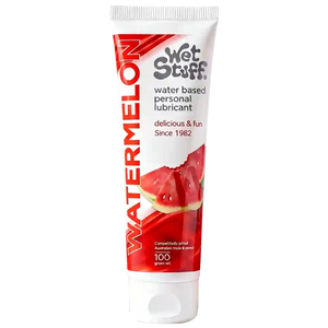 Tube of Wet Stuff watermelon flavored personal lubricant on a white background