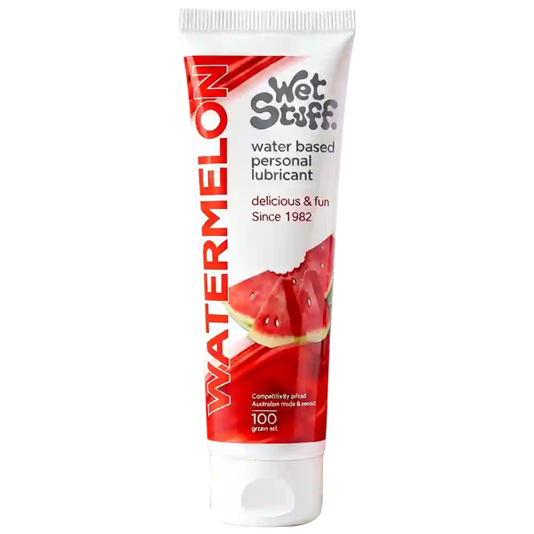 Tube of Wet Stuff watermelon flavored personal lubricant on a white background